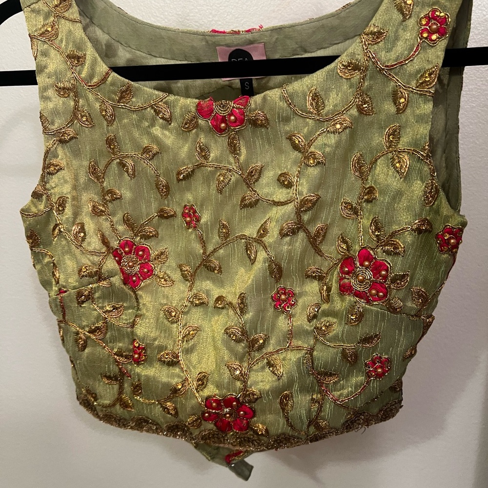 Embroidered Green and Gold Crop Top